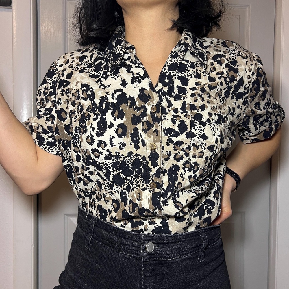 Vintage Y2K Abstract Leopard Button Up Shirt 90s Animal Print Blouse‎ Large